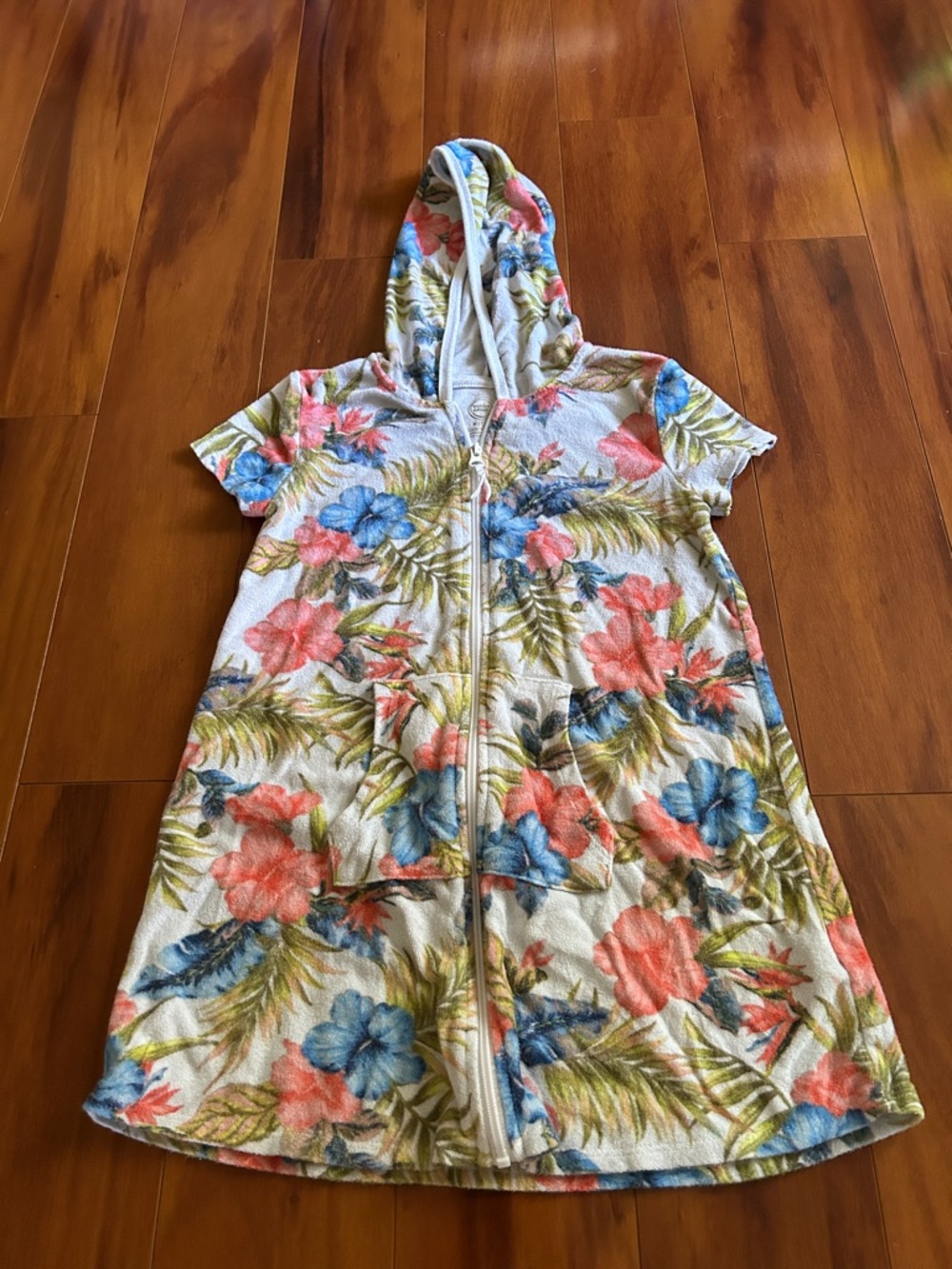 wonder nation Coral & Blue Hawaiian Floral Hooded Zip-Front Swim Coverup